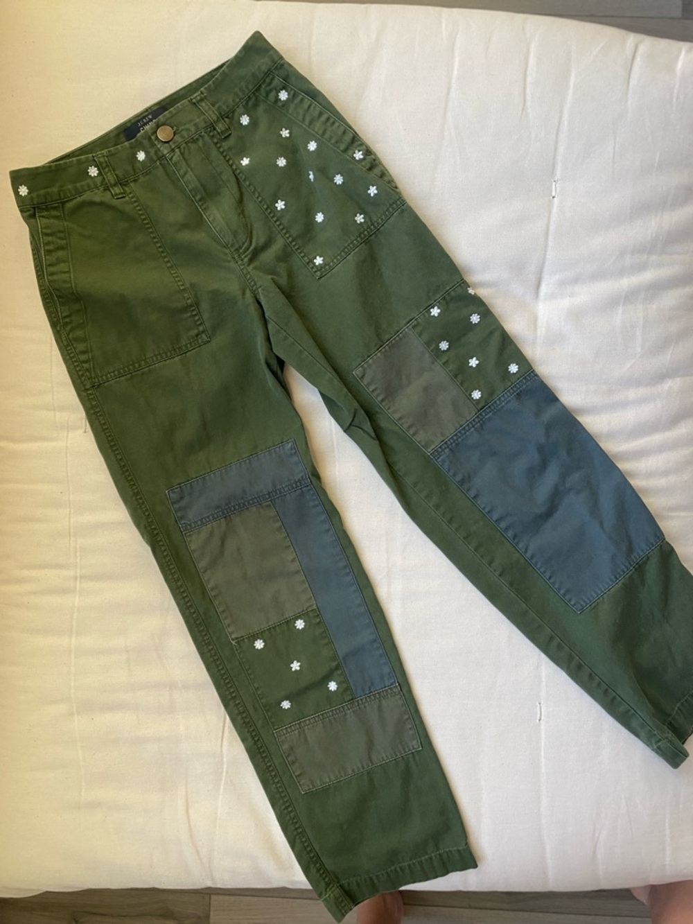 J. Crew Olive Green Patchwork Straight Leg Pants with White Floral Embroidery